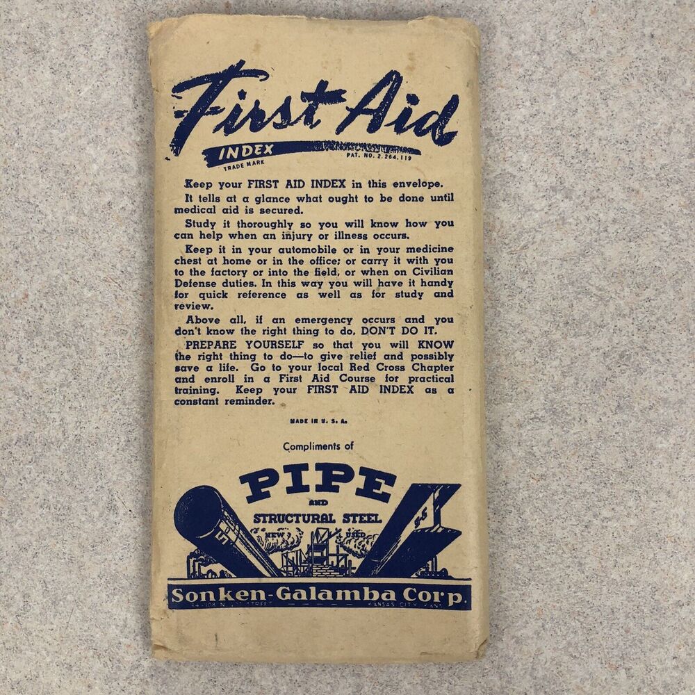 1950's Vintage First Aid Index Booklet Foldable Pipe and‎ Structural Steel